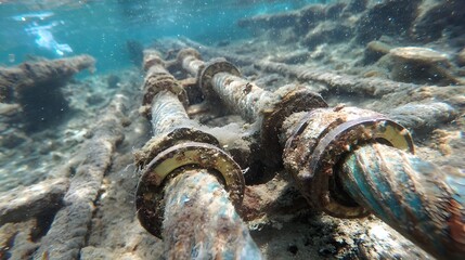 Underwater Close Up of Metallic Cables with Corrosion and Marine Growth