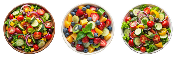 Triple Salad Bowls Fruit, Vegetable, and Mixed Compositions Isolated on Transparent Background, healthy food, food photography, salad