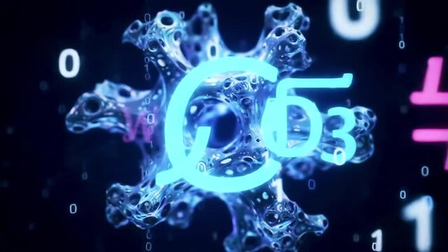 Abstract digital representation of a virus-like structure with glowing elements and binary code