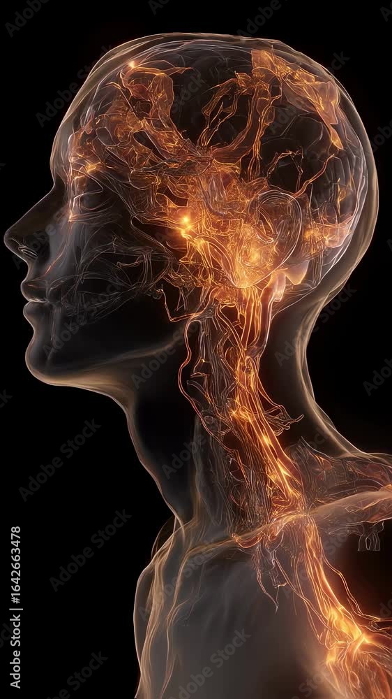 Aufkleber dynamic neuroimaging style illustration capturing the trigeminal nucleus on fire with vibrant orange