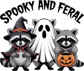 Cute Halloween Raccoons – Witch, Ghost, and Pumpkin Trick-or-Treat Illustration