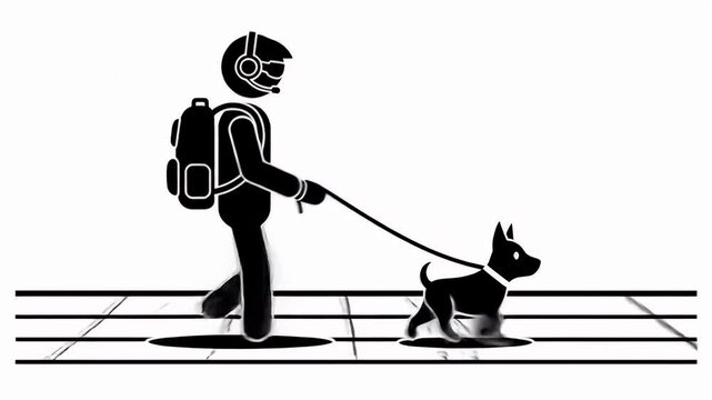 Animated Black Stick Figure Man Walking Dog on Leash Against White Background Depicting Companionship and Active Lifestyle, Symbolic Design with Minimalist Lines and Isolated Pictogram on White