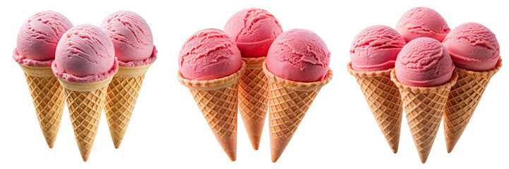Triple Scoops of Pink Ice Cream Cones, Isolated on Transparent Background, Dessert, Food Photography, Ice cream, scoops, dessert