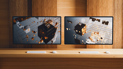 Modern office desk with a dynamics computers displays