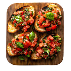 Traditional Italian breakfast. Bruschetta. Bruschetta on wooden tray close-up. Top view isolated on a white background