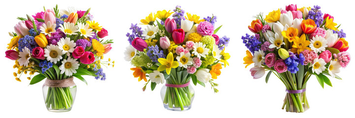 Triple Spring Flower Bouquet Composition, Isolated on Transparent Background, Floral Arrangement, Vase, Tulips, Spring flowers, Bouquet, Floral design