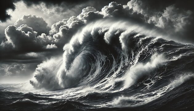 A powerful depiction of a large ocean wave crashing with immense force under a stormy sky