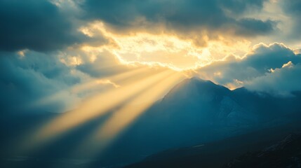 Obraz premium 48.Morning Sun Beaming Through Thick Clouds, Dramatic Rays of Light Over a Mountain, Hopeful and Inspiring, Natural Beauty