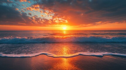 21.Dramatic Sunrise Over the Ocean, Fiery Colors Reflecting on Waves, Vibrant and Inspiring, New Day Awakening