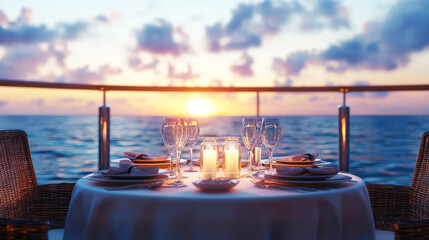 A romantic dinner setting for two on the deck of a cruise ship, with candles and ocean waves in the background.