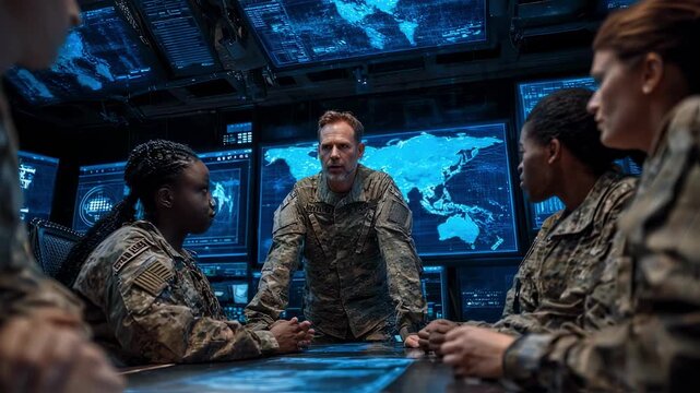 Command post scene showing military officer briefing soldiers with digital displays and global maps emphasizing teamwork and strategy planning.