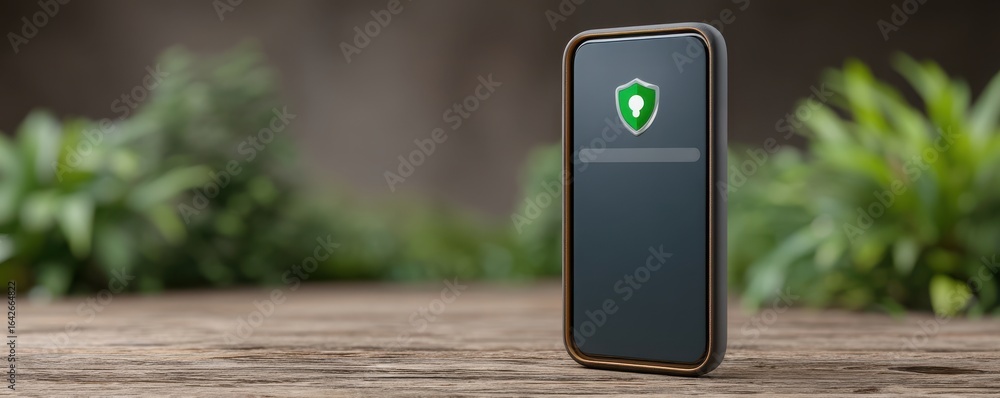 Poster anonymous browsing cybersecurity concept. mobile device with a shield symbol on a wooden surface sur
