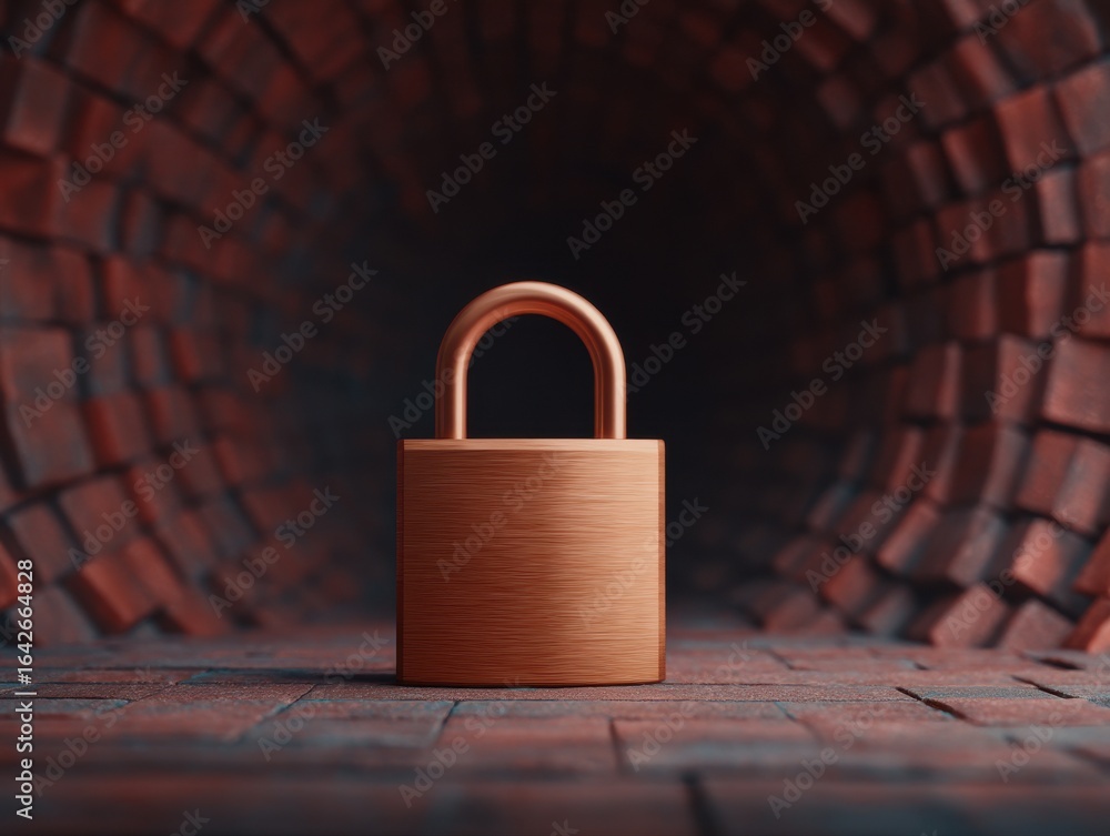 Poster anonymous browsing cybersecurity concept. a lock positioned in a dark, brick tunnel setting.