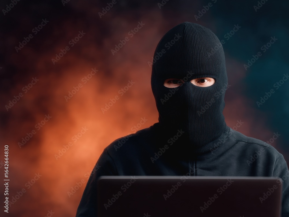 Poster anonymous browsing cybersecurity concept. masked figure in front of a laptop with a dark background.
