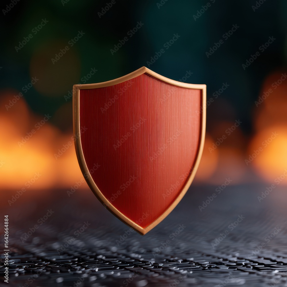 Poster anonymous browsing cybersecurity concept. red shield emblem with a metallic finish and blurred backg