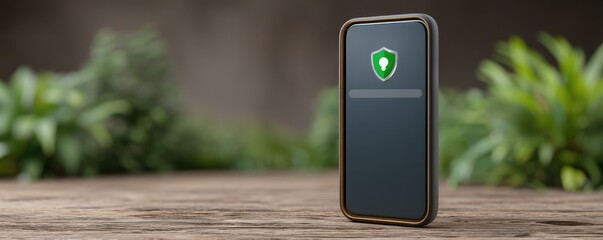 anonymous browsing cybersecurity concept. Mobile device with a shield symbol on a wooden surface surrounded by greenery.
