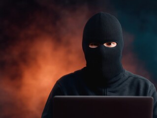 anonymous browsing cybersecurity concept. Masked figure in front of a laptop with a dark background.