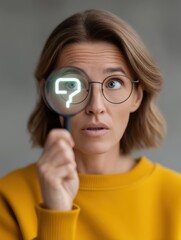 anonymous browsing cybersecurity concept. Woman examining an object through a magnifying glass with curiosity.