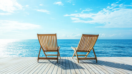 Empty deck chairs on a cruise ship with a tranquil ocean background and light breeze.