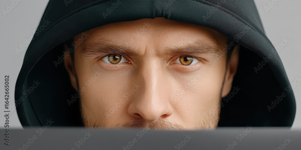 Poster anonymous browsing cybersecurity concept. focused man in a hooded sweatshirt gazing at a computer sc