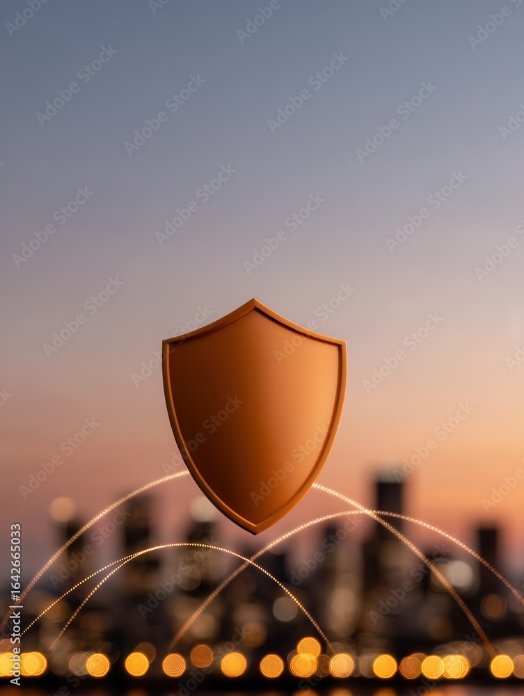 Poster anonymous browsing cybersecurity concept. shield symbol with city skyline and bokeh lights in the ba