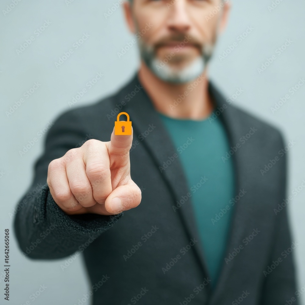 Poster anonymous browsing cybersecurity concept. person holding a small padlock with a focused expression.