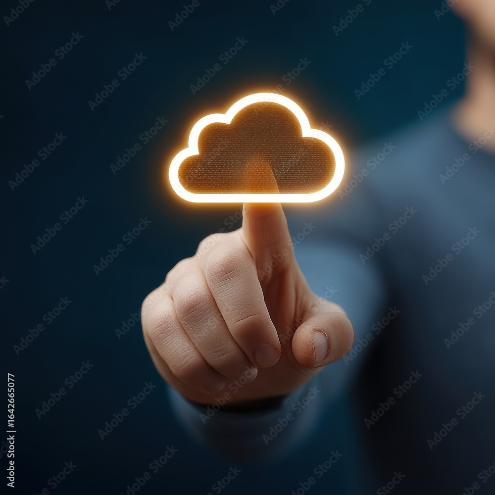 Poster anonymous browsing cybersecurity concept. hand touching glowing cloud icon on dark background.
