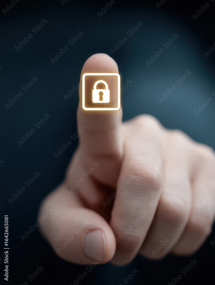 Poster anonymous browsing cybersecurity concept. digital fingerprint with lock icon on a human finger point