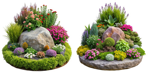 Two Rock Garden Compositions, Isolated on Transparent Background, 3D Render, Floral Arrangement, Rock garden, landscaping, plants