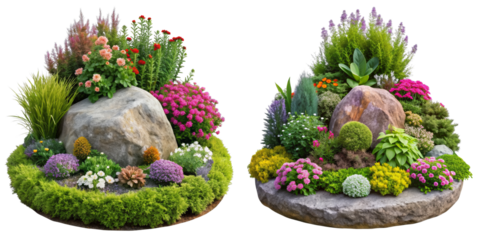 Two Rock Garden Compositions, Isolated on Transparent Background, 3D Render, Floral Arrangement, Rock garden, landscaping, plants