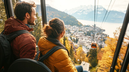 A couple enjoying a scenic ride on a cable car, overlooking a mountain town.