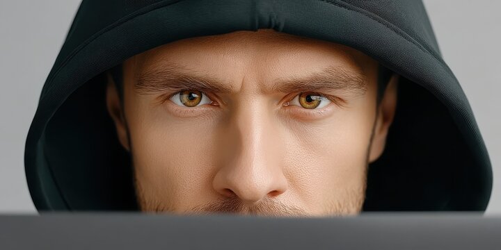 anonymous browsing cybersecurity concept. Focused man in a hooded sweatshirt gazing at a computer screen.