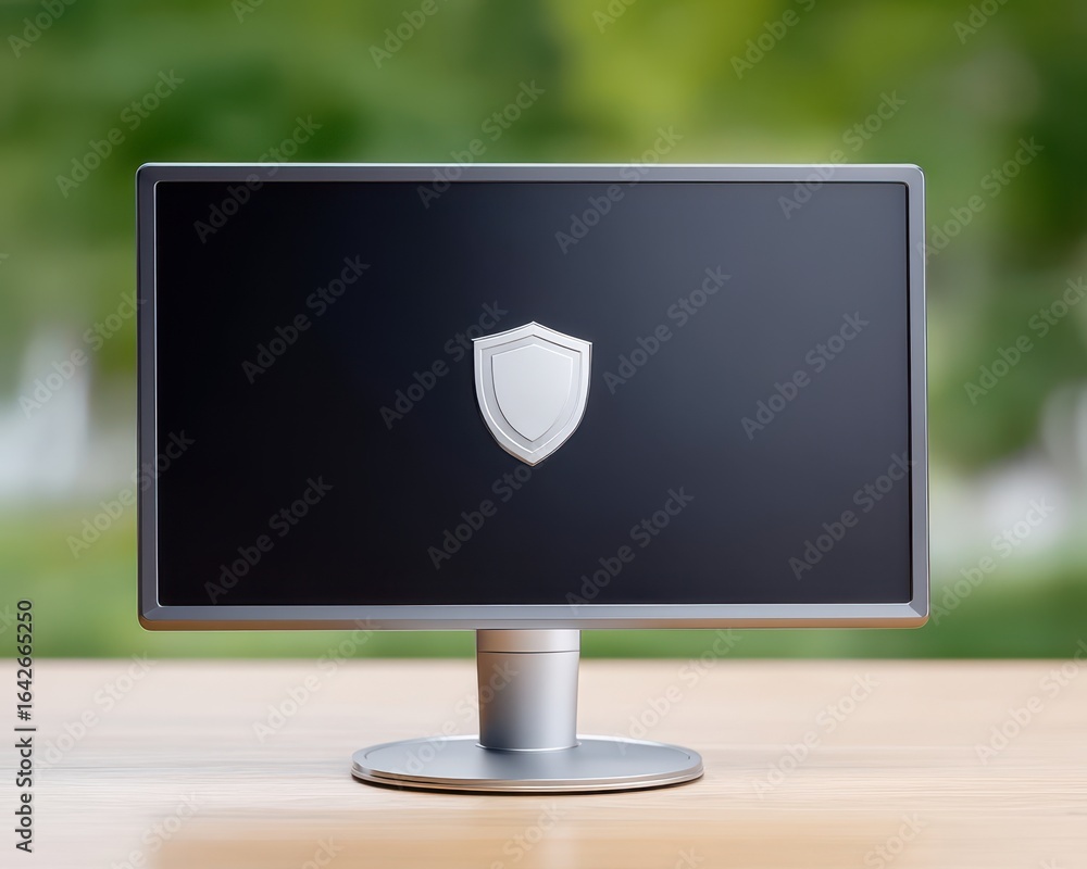 Aufkleber anonymous browsing cybersecurity concept. modern computer monitor with shield emblem on a wooden des