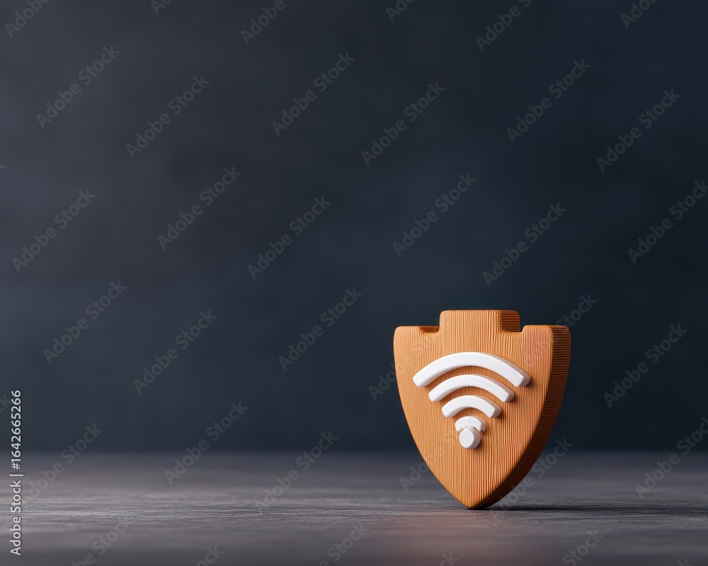 Poster anonymous browsing cybersecurity concept. wooden shield icon representing security and wi-fi protect