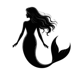 Silhouette of a mermaid with flowing hair and tail isolated on white background