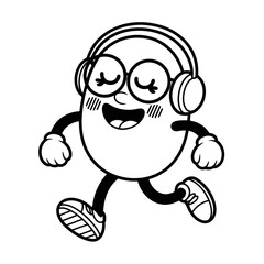 Obraz premium Cute cartoon bean character wearing headphones and running isolated on white background