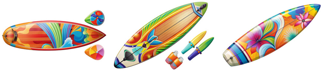 Vibrant Surfboard Collection Tropical Design, Isolated on Transparent Background, Surfboard, Summer, Illustration