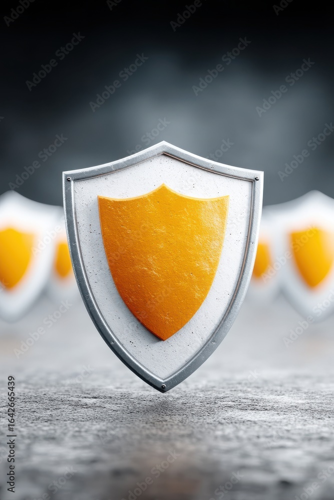 Poster anonymous browsing cybersecurity concept. metallic shield with orange center over blurred background