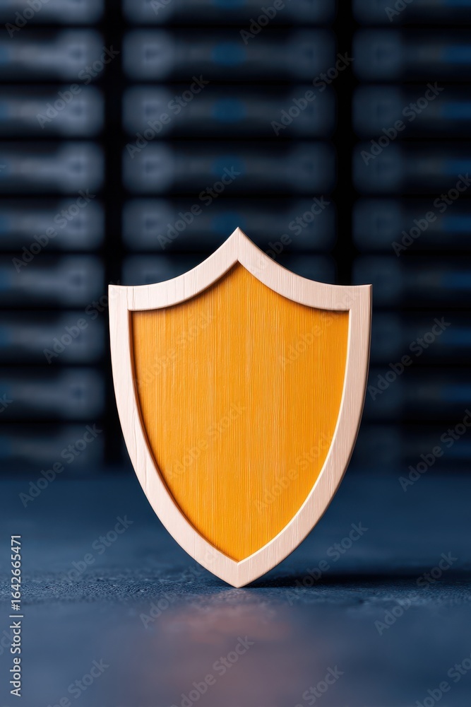 Poster anonymous browsing cybersecurity concept. wooden shield against a blurred background of dark objects