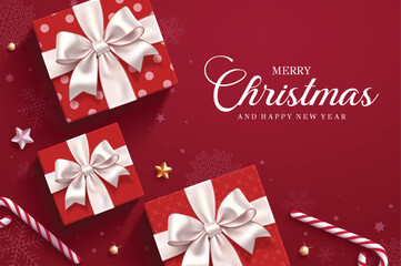 Merry Christmas red greeting card clipart design. Red gift boxes with white bow tie ribbon, Merry Christmas and wishing happy new year greeting text clip art in red snowflakes background for holiday 