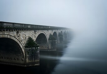 Misty morning scene of a stone arch bridge over calm water.