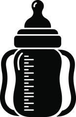 Baby bottle with handles, measurement markings, nipple top, black silhouette, infant feeding tool, ergonomic design, nursery essential, minimalist vector icon, baby care product.