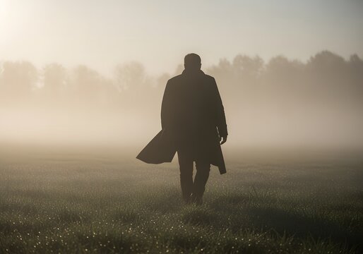 A silhouetted man in a long coat walks alone through a misty field during a hazy sunrise.