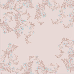 Elegant vintage floral seamless pattern with pastel pink background and delicate botanical vines in soft blue and dusty rose