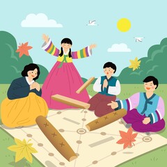 Korean Chuseok Illustration of a Family in Hanbok Playing Yutnori