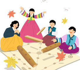 Korean Chuseok Illustration of a Family in Hanbok Playing Yutnori