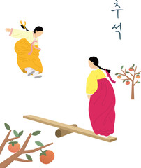 Chuseok holiday illustration with two girls playing traditional Korean seesaw games