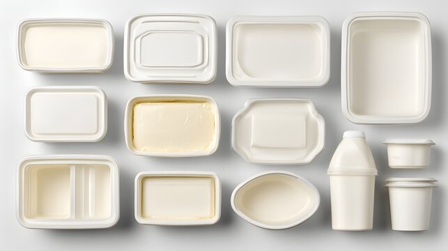 Assortment of various white food containers and packaging.