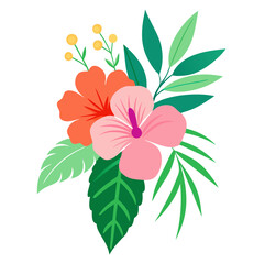 Vibrant tropical floral arrangement with pink and orange hibiscus flowers and lush green foliage on a black background