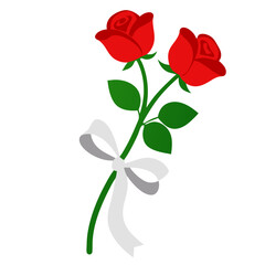 Obraz premium Two red roses tied with a white ribbon on a black background